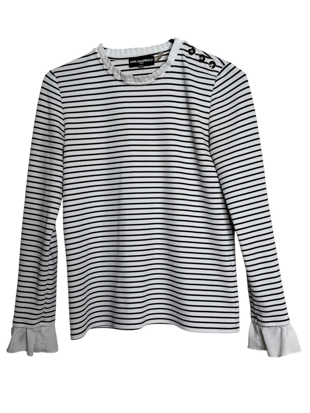 Karl Lagerfeld White Black Striped Long-Sleeve Knit Top Button Shoulder Size XS